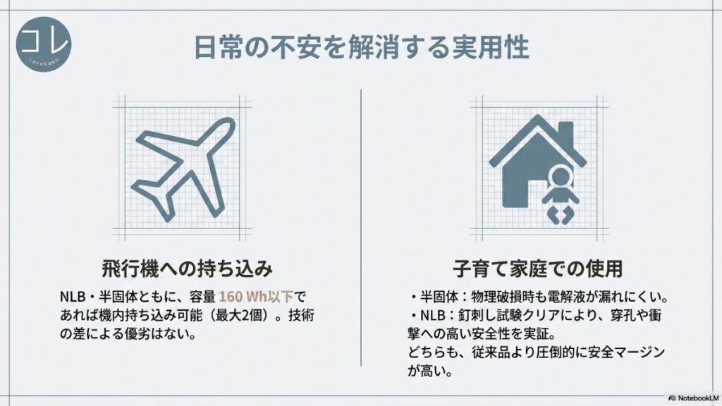 飛行機への持ち込み規制（160Wh以下なら両方可能）と子育て家庭での使用（物理破損時の液漏れ防止と釘刺し試験クリア）において、NLBと半固体電池のどちらも従来品より高い安全マージンを持つことを説明するスライド。