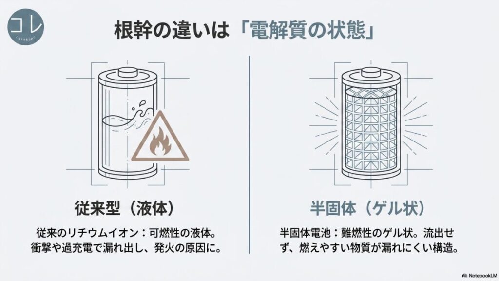 従来のリチウムイオンは可燃性の液体で漏れ出しが発火原因になり、半固体電池は難燃性のゲル状で流出せず燃ええやすい物質が漏れにくい構造であることを示す比較イラスト。