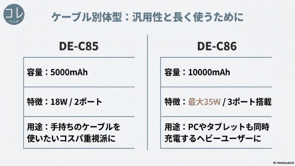 汎用性と長く使うためのケーブル別体型であるDE-C85（5000mAh、18W/2ポート、コスパ重視派用）と、DE-C86（10000mAh、最大35W/3ポート搭載、PCやタブレット同時充電のヘビーユーザー用）の特徴をまとめたスライド。