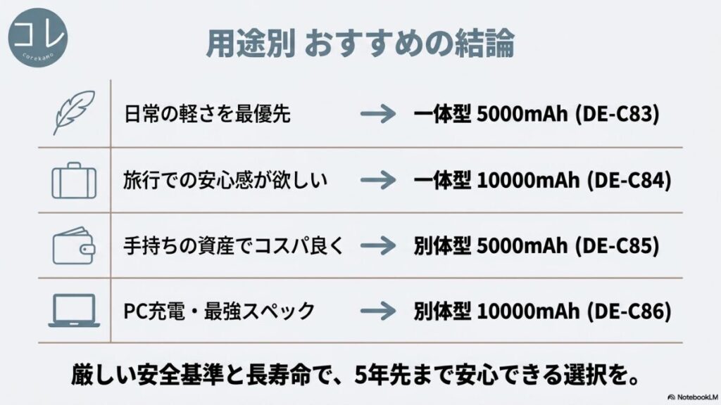 日常の軽さ（一体型5000mAh DE-C83）、旅行での安心感（一体型10000mAh DE-C84）、コスパ（別体型5000mAh DE-C85）、PC充電・最強スペック（別体型10000mAh DE-C86）をまとめた、5年先まで安心できる選択を提案する結論スライド。