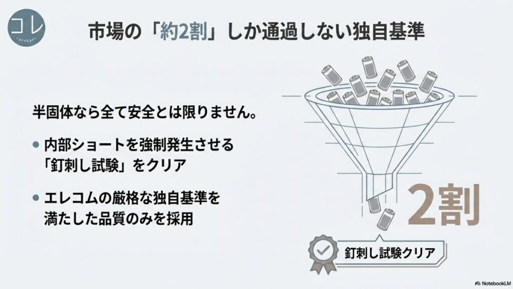 半固体なら全て安全とは限らないとし、内部ショートを強制発生させる「釘刺し試験」をクリアした、市場の約2割しか通過しないエレコムの厳格な独自基準を満たした品質のみを採用していることを示すスライド。