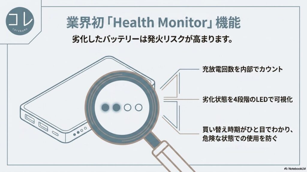 劣化したバッテリーの発火リスクに備え、充放電回数を内部でカウントして劣化状態を4段階のLEDで可視化し、買い替え時期をひと目でわからせる業界初のHealth Monitor機能の解説。