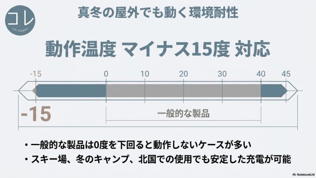 一般的な製品は0度を下回ると動作しないケースが多い中、動作温度マイナス15度に対応し、スキー場、冬のキャンプ、北国での使用でも安定した充電が可能であることを示すスライド。