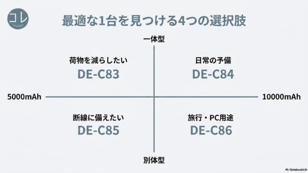 容量5000mAhと10000mAh、一体型と別体型のマトリクスから、荷物を減らしたい（DE-C83）、日常の予備（DE-C84）、断線に備えたい（DE-C85）、旅行・PC用途（DE-C86）の4つの選択肢を示すスライド。