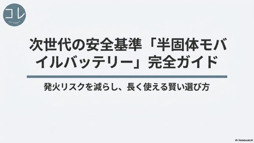 次世代の安全基準「半固体モバイルバッテリー」完全ガイドの表紙スライド。発火リスクを減らし、長く使える賢い選び方を解説する資料。