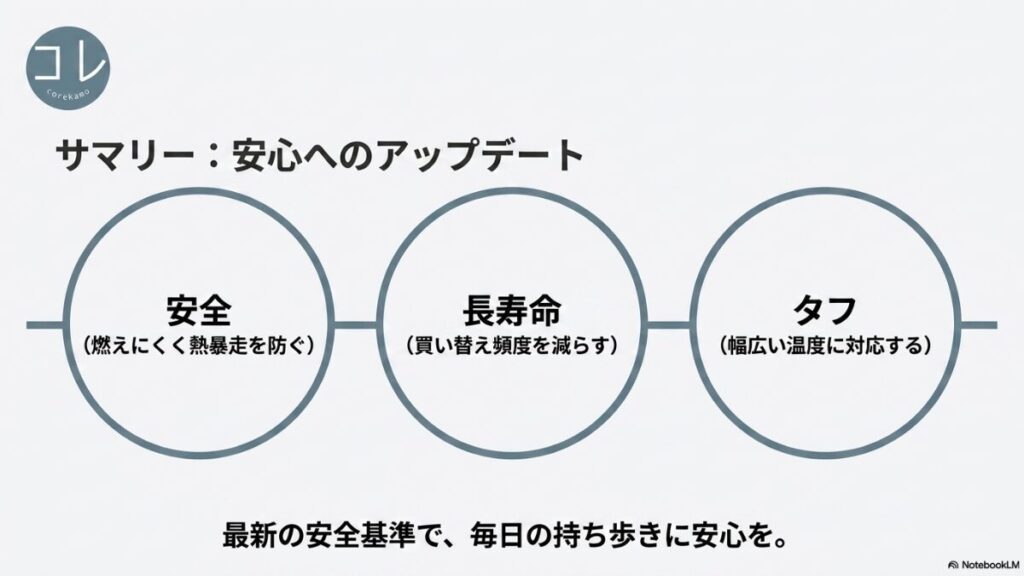 まとめスライド。安全(燃えにくく熱暴走を防ぐ)、長寿命(買い替え頻度を減らす)、タフ(幅広い温度に対応する)という3つの安心へのアップデートを記載したスライド。