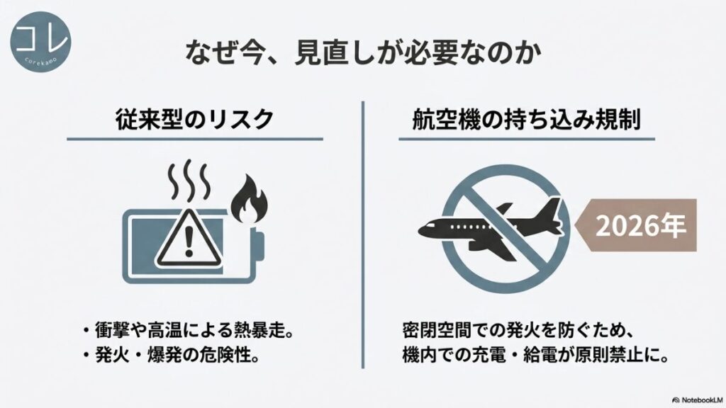 従来型リチウムイオン電池の熱暴走や発火・爆発リスクと、2026年からの航空機内での充電・給電原則禁止の規制について説明したスライド。