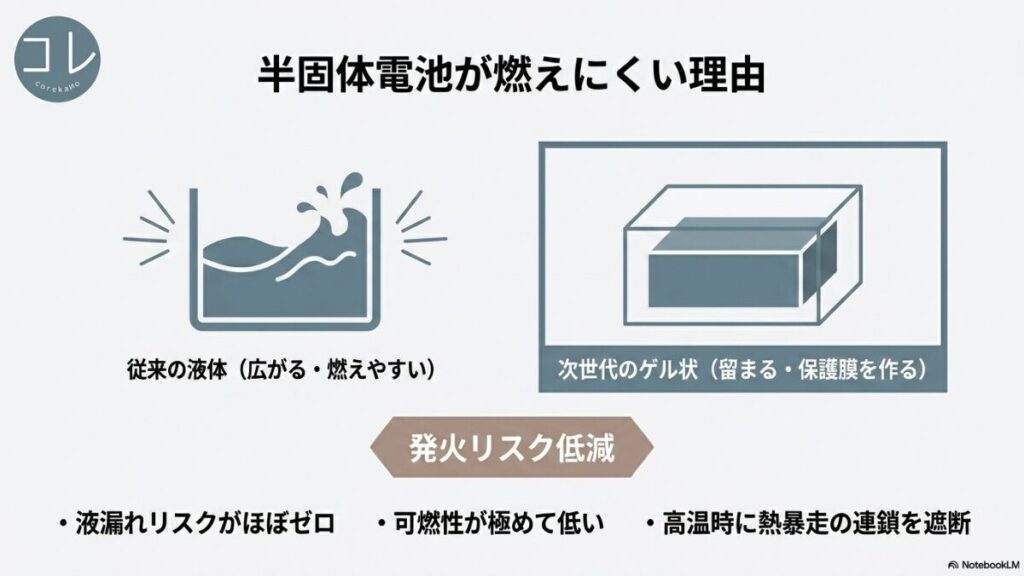 従来の液体電解質(広がる・燃えやすい)と次世代のゲル状電解質(留まる・保護膜を作る)の違いを図解し、液漏れリスクほぼゼロ、可燃性が極めて低いなどのメリットを解説するスライド。