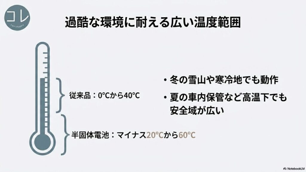 従来品の動作温度(0℃〜40℃)に対し、半固体電池はマイナス20℃〜60℃まで対応し、冬の雪山や夏の車内保管でも安全域が広いことを説明するスライド。
