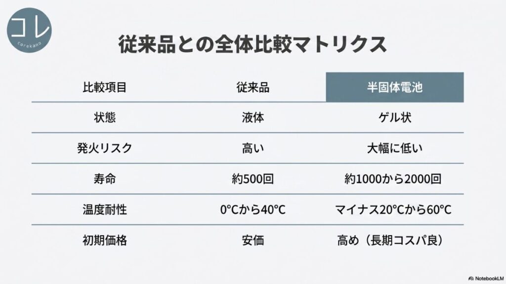 半固体電池と従来品の「状態」「発火リスク」「寿命」「温度耐性」「初期価格」を一覧で比較したマトリクス表のスライド。