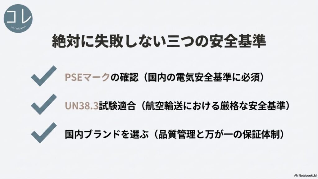 絶対に失敗しない安全基準として「PSEマークの確認」「UN38.3試験適合」「国内ブランドを選ぶ」の3ポイントを挙げたスライド。