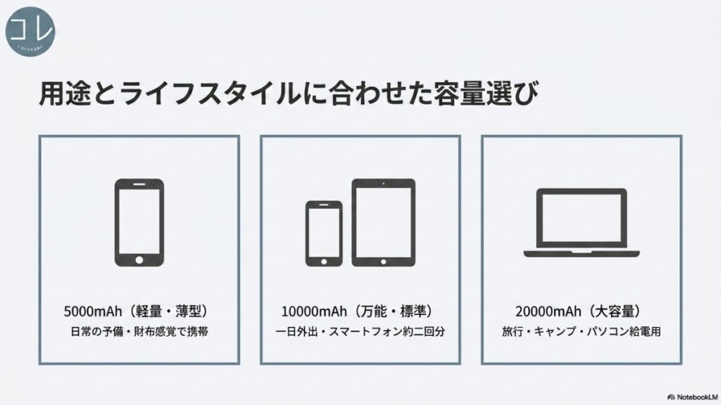 5000mAh(軽量薄型・日常の予備)、10000mAh(万能標準・1日外出)、20000mAh(大容量・旅行やPC給電用)の用途別選び方をまとめたスライド。
