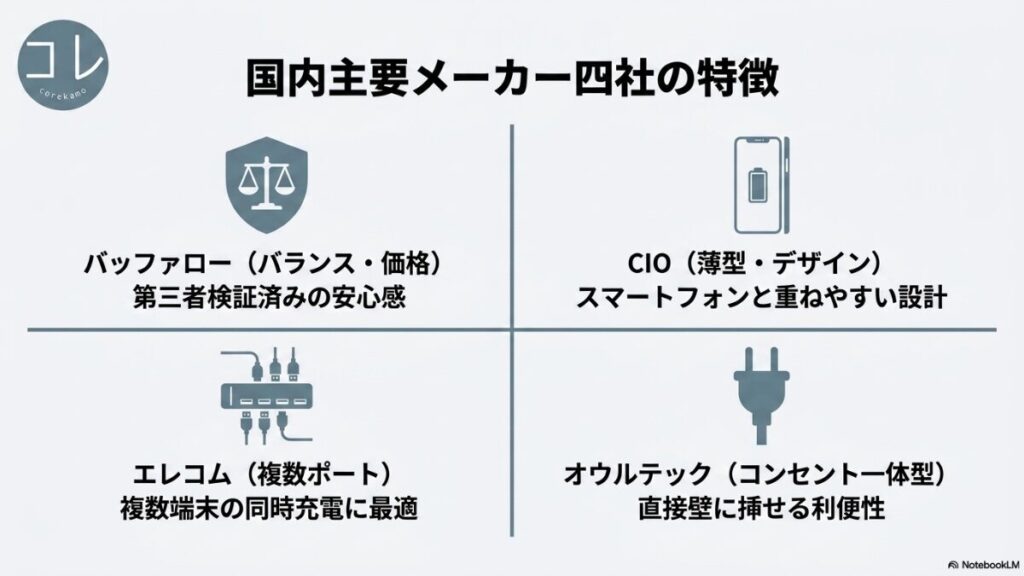 国内主要メーカー4社の強みを比較し、バッファロー(バランス・価格)、CIO(薄型・デザイン)、エレコム(複数ポート)、オウルテック(コンセント一体型)の特徴をまとめたスライド。