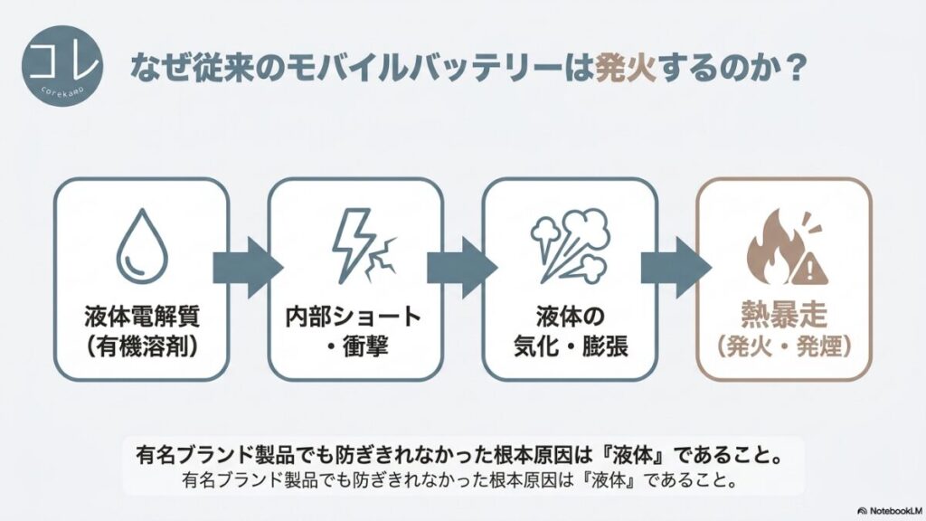 従来の液体電解質モバイルバッテリーが内部ショートや衝撃により、液体の気化・膨張を経て熱暴走（発火・発煙）に至るプロセスを示すフローチャート。