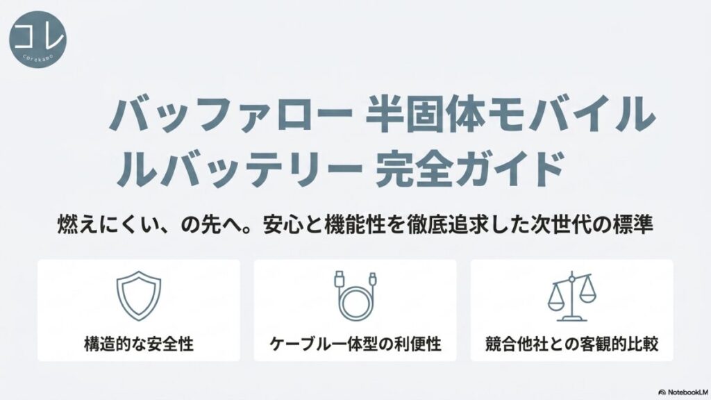 バッファローの半固体モバイルバッテリー完全ガイドの表紙スライド。構造的な安全性やケーブル一体型の利便性、競合比較などの目次が記載されています。