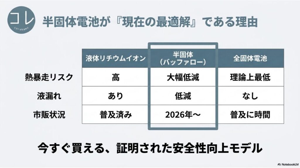 液体リチウムイオン電池、半固体電池、全固体電池のリスク、液漏れ、市販状況を比較した表。半固体電池は2026年から市販されリスクが大幅に低減されていることを示しています。