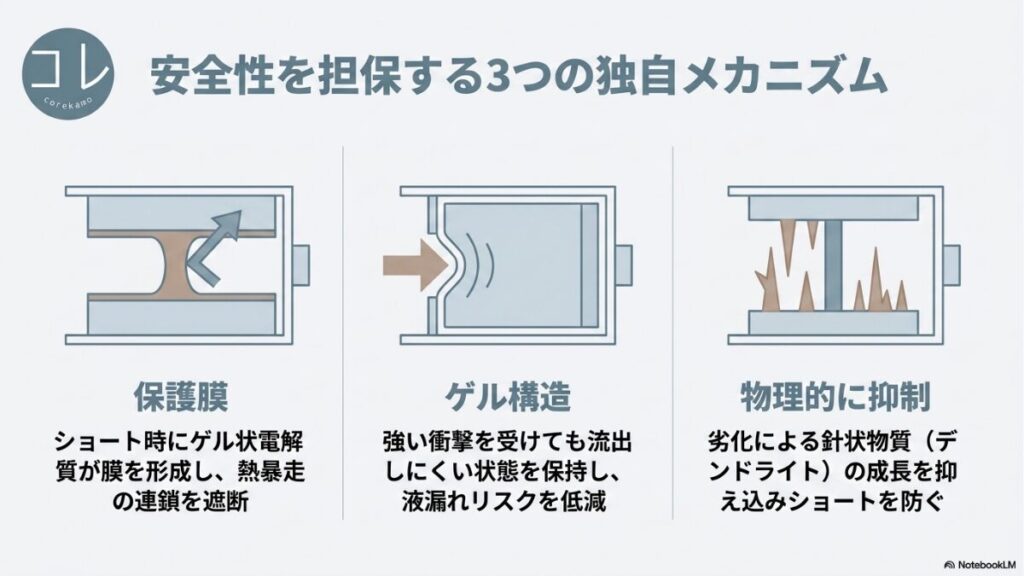 内部ショート時に膜を形成する保護膜、流出しにくいゲル構造、針状物質の成長を抑え込むデンドライト物理的抑制という3つの独自安全メカニズムのイラスト図解。