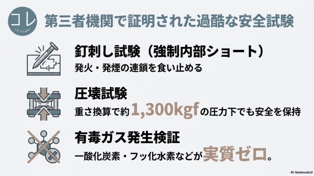 釘刺し試験（強制内部ショート）、1,300kgfの圧力に耐える圧壊試験、一酸化炭素やフッ化水素が実質ゼロであることを確認した有毒ガス発生検証の3つの安全試験のアイコン。