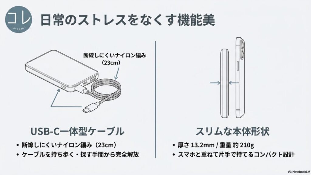 バッファローBMPBSA10000の断線しにくい23cmのナイロン編みUSB-C一体型ケーブルと、厚さ13.2mm・重量約210gのスリムな本体形状のイラスト。