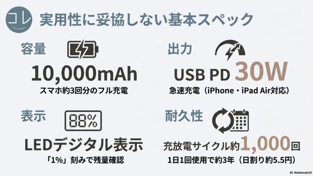 容量10,000mAh（スマホ約3回分）、出力USB PD 30W、残量を1%刻みで確認できるLEDデジタル表示、充放電サイクル約1,000回という実用スペックのまとめ。