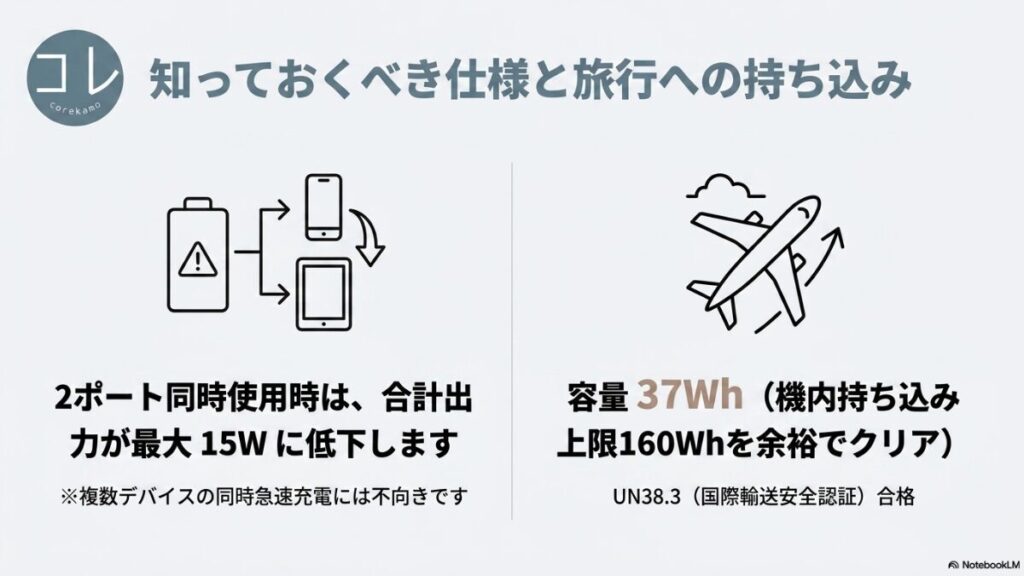 2ポート同時使用時は合計最大15Wに低下する注意点と、容量37Whで飛行機機内持ち込み上限をクリアしUN38.3国際輸送安全認証に合格していることを示すイラスト。