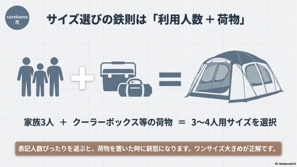 家族3人+クーラーボックス等の荷物がある場合は3〜4人用サイズを選択するという、ワンサイズ大きめを選ぶ鉄則を解説したイラストスライド