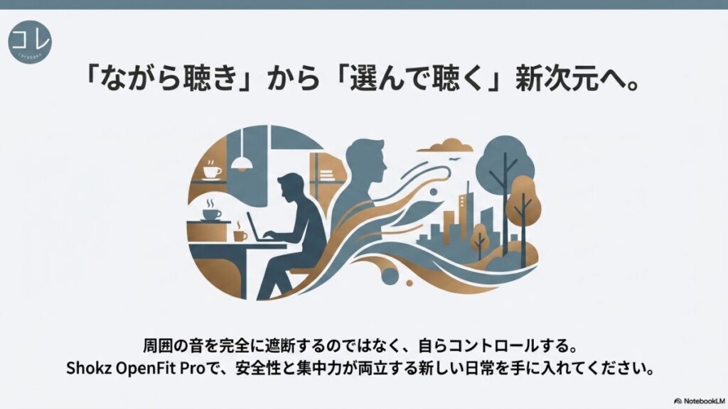 カフェや屋外で作業・活動する人のイラストと共に、周囲の音を自らコントロールして安全性と集中力を両立させるShokz OpenFit Proのまとめメッセージスライド。