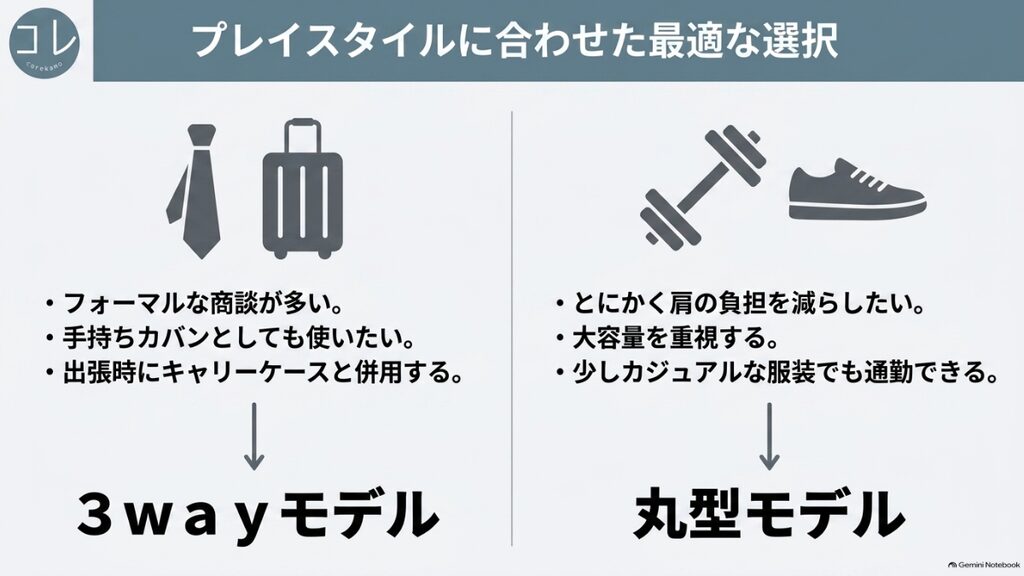 働き方に合わせた最適な選択。商談重視なら3wayモデル、肩の負担軽減・大容量重視なら丸型モデル