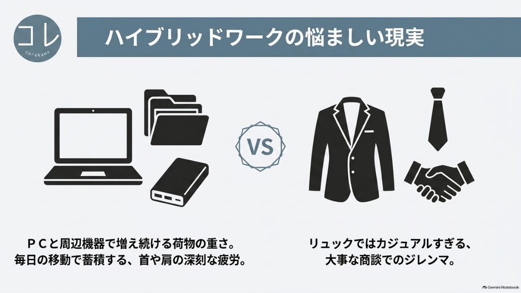 ハイブリッドワークの悩ましい現実。重い荷物による首や肩の疲労、リュックではカジュアルすぎるという商談時の悩み