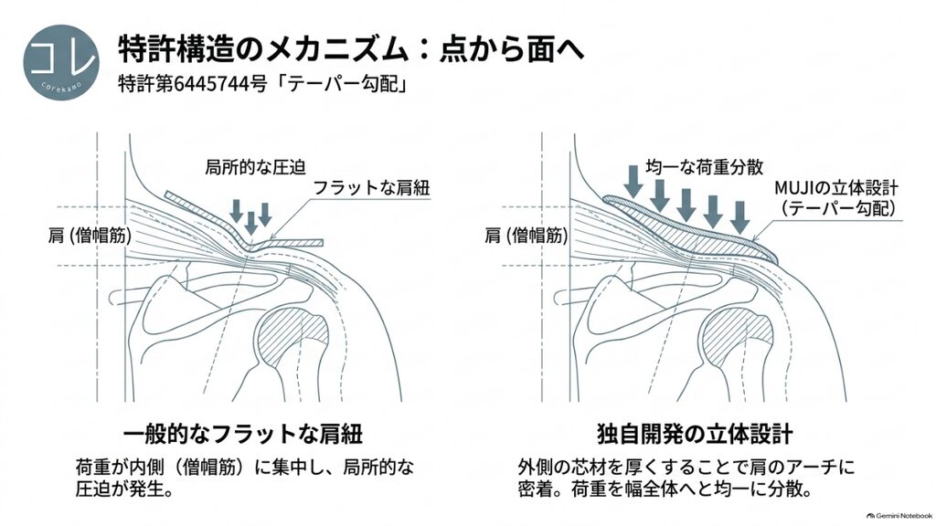 MUJIのテーパー構造ストラップ。立体的な高低差により肩の骨格に密着し、荷重を「面」で分散して軽く感じる仕組み