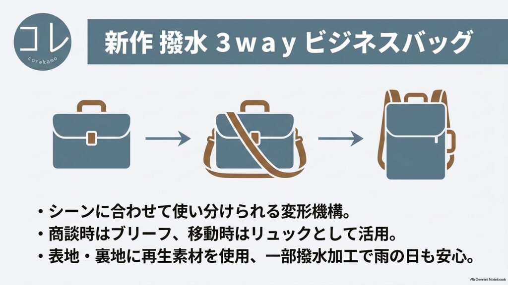 シーンに合わせてブリーフケース、ショルダー、リュックとして使い分けられる新作3wayビジネスバッグ